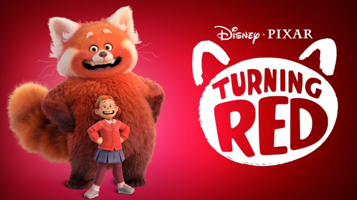 Young Meilin stands in front of her Red Panda alter-ego in the movie poster for Pixar's new movie, Turning Red.