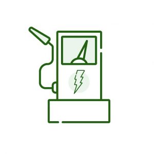 Green line-drawing icon of an EV charging station.