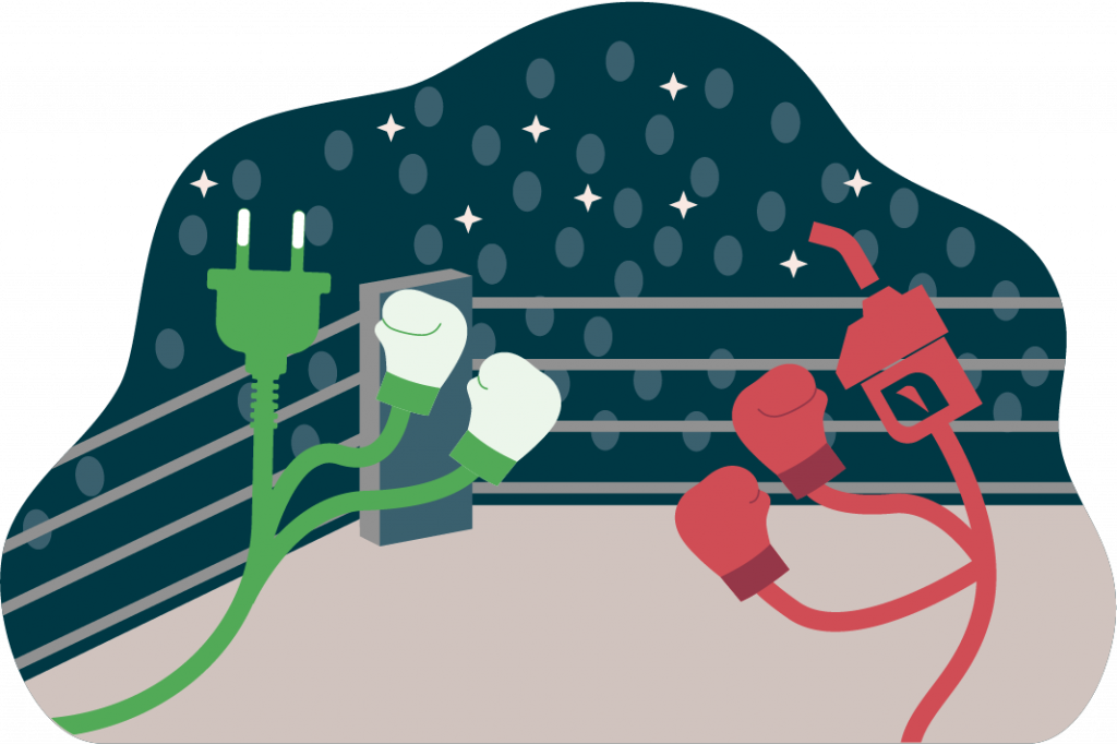 An illustration of anthropomorphized gasoline pump and electric extension chord (which represents EV charging prices) boxing in a boxing ring.