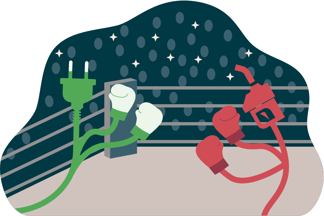 An illustration of anthropomorphized gasoline pump and electric extension chord (which represents charging for EVs) boxing in a boxing ring.
