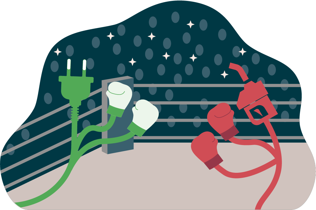 An illustration of anthropomorphized gasoline pump and electric extension chord (which represents EV charging prices) boxing in a boxing ring.