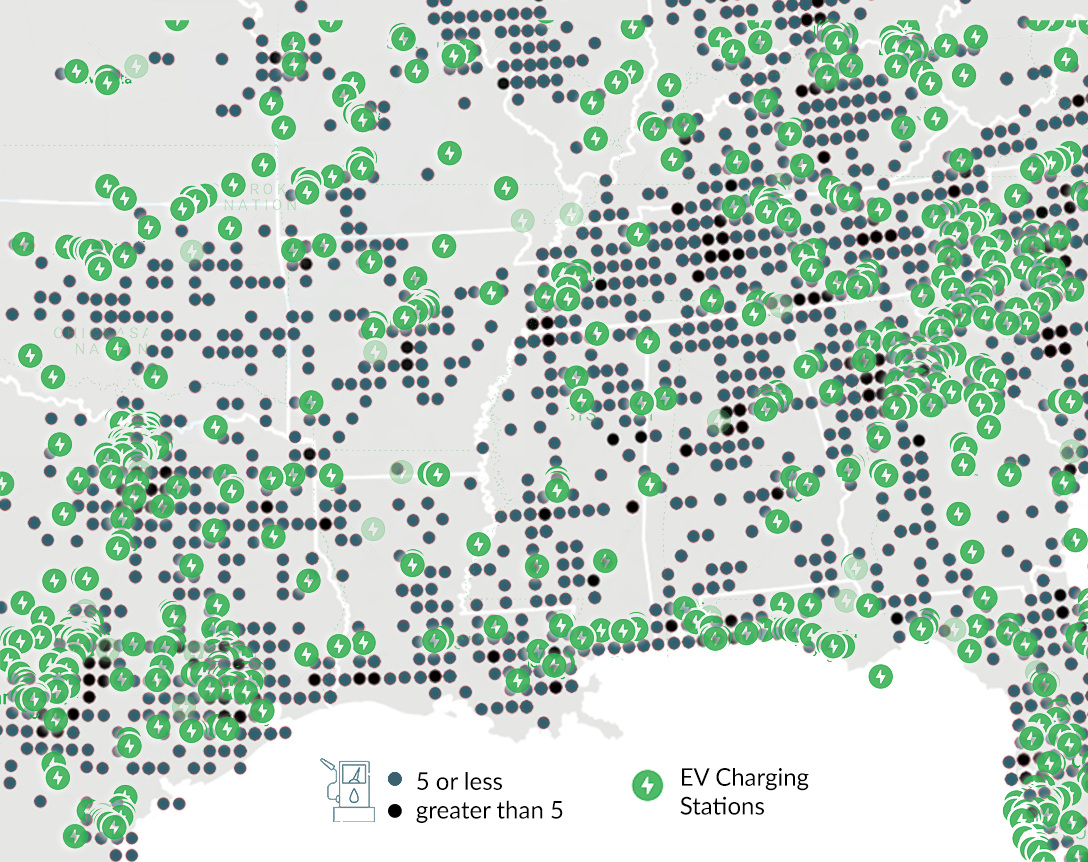 A map showing the density of available Shell gas stations compared to the much fewer available Tesla charging stations.