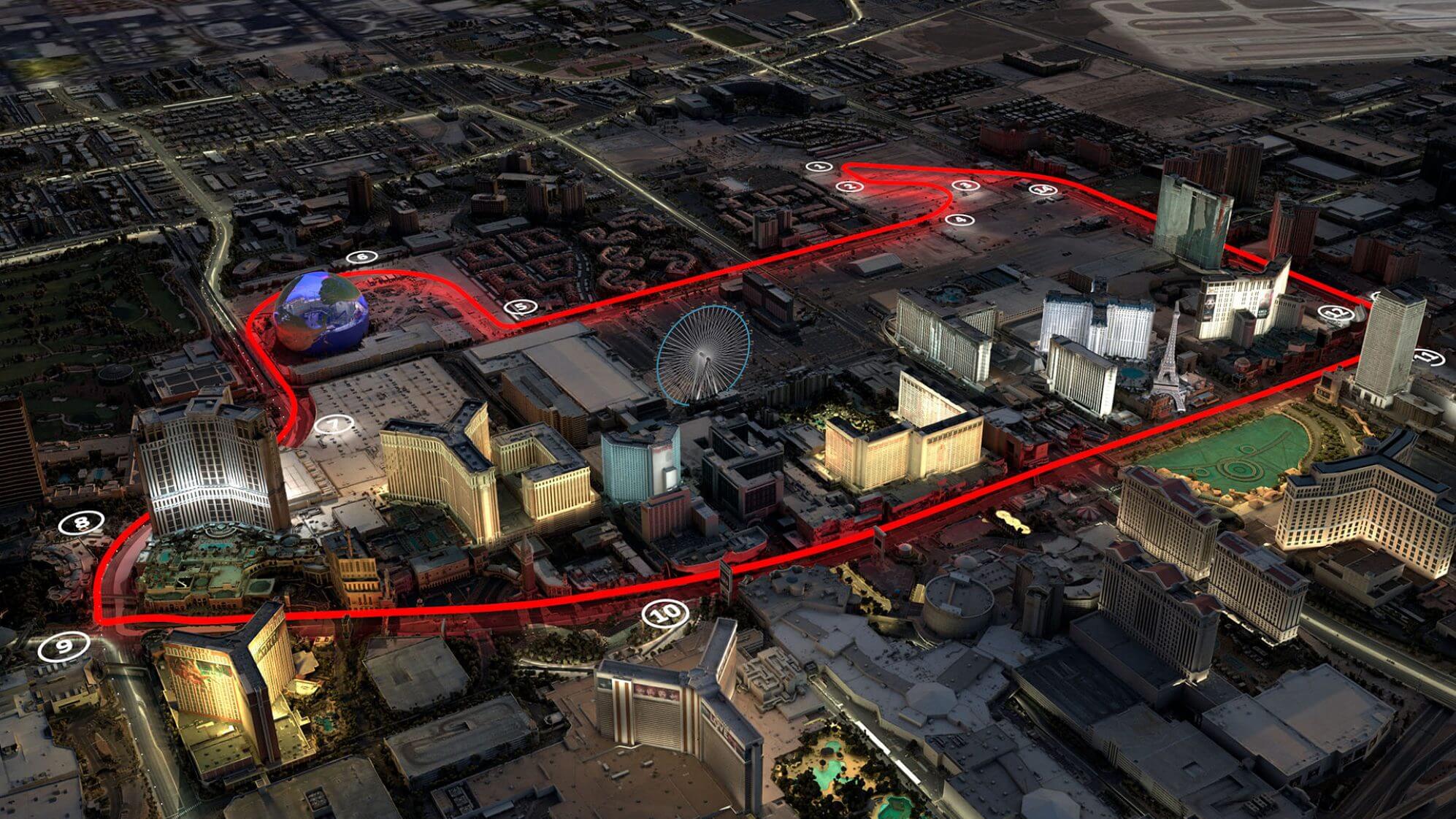 Image showing track layout for the 2023 F1 race in Las Vegas, which will see drivers flying past casinos.