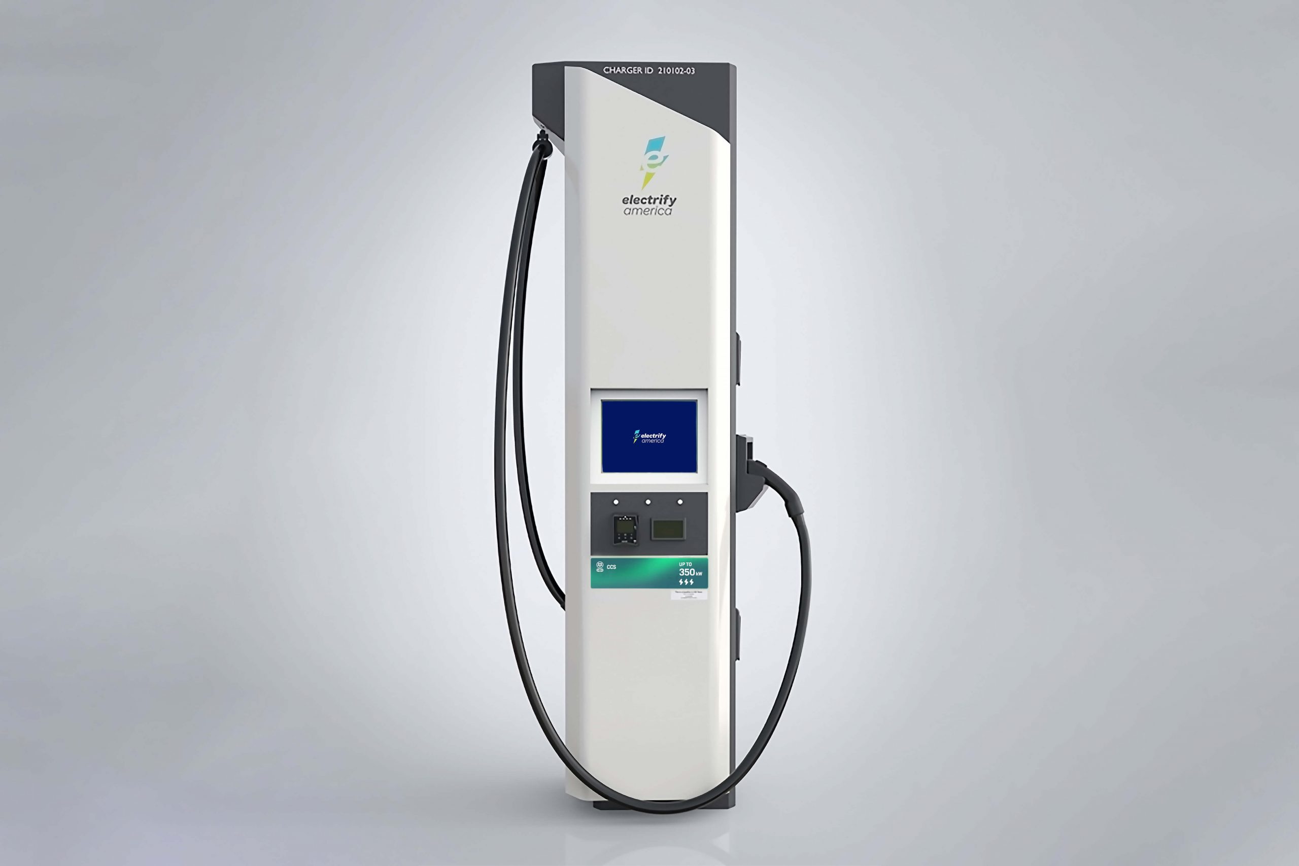 A photograph of a new EV charging station prototype from Electfiy America. The prototype is made to be both smaller and more accessible.