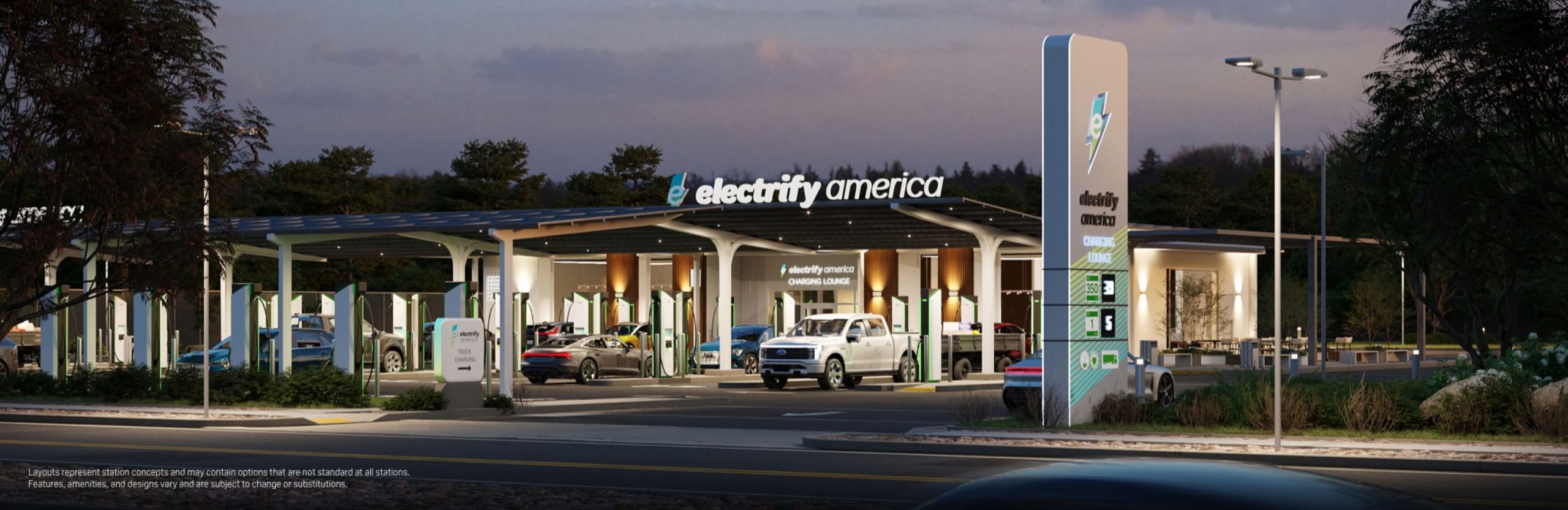 Electrify America's new plans for EV charging stations look like a hybrid between a gas station and an Apple Store.