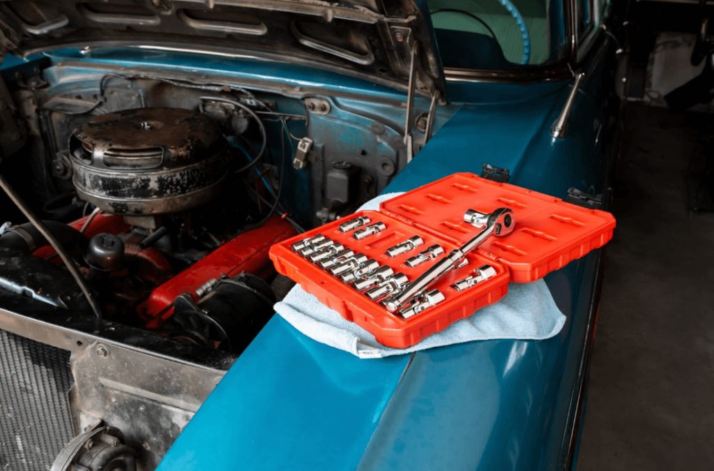 tools under hood of used vehicle